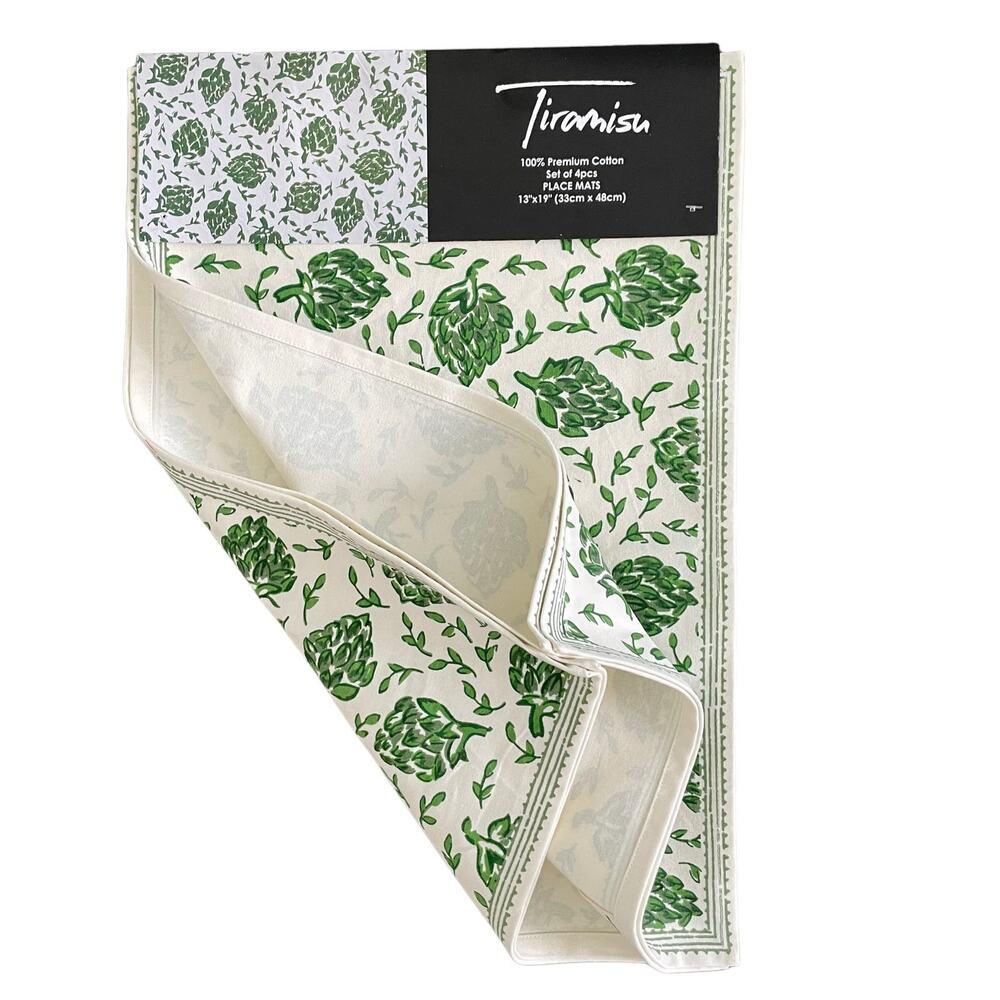 TIRAMISU 100% Cotton Placemats Green Dancing Artichoke 13X19 Set of 4 NEW
